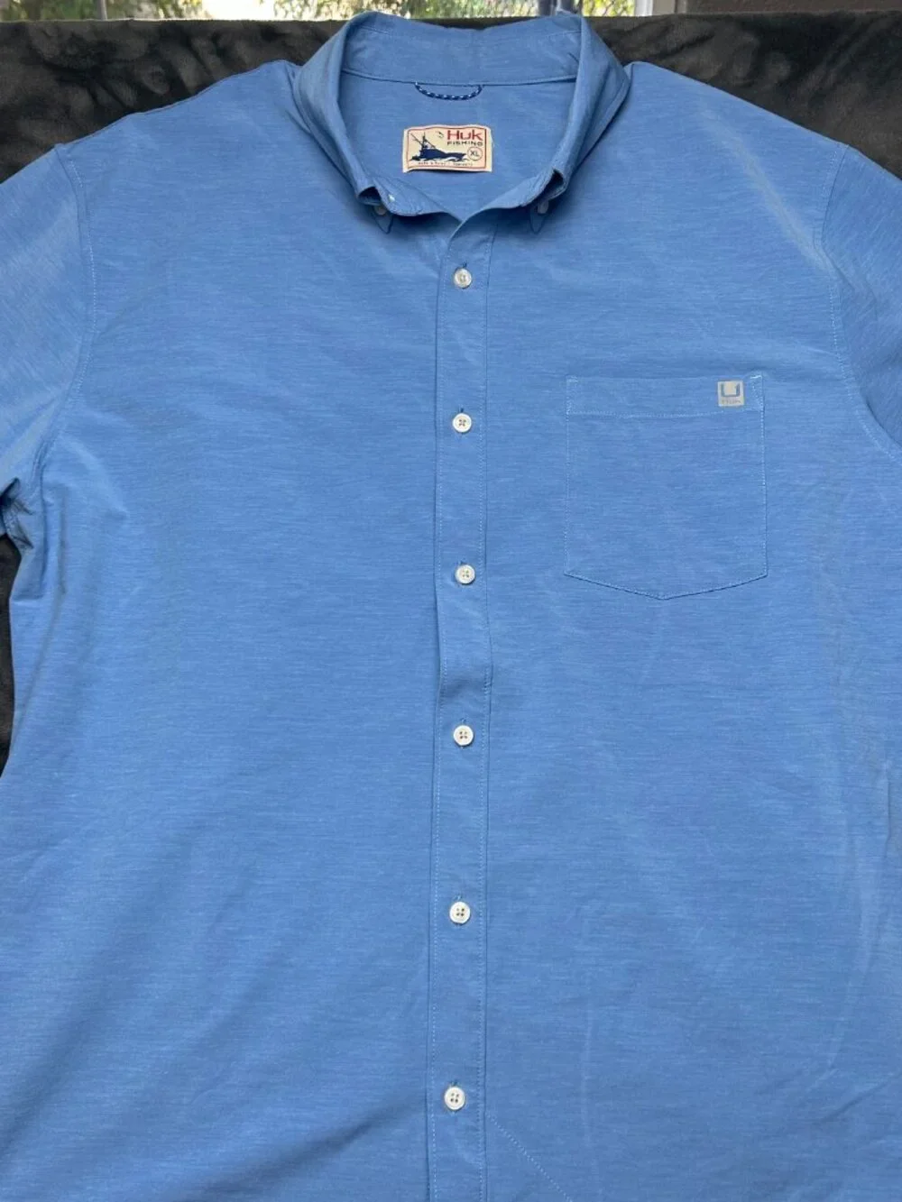 Huk Fishing Short Sleeve Button Shirt Xl Blue Polyester Cotton Spandex Stretch - Picture 2 of 7